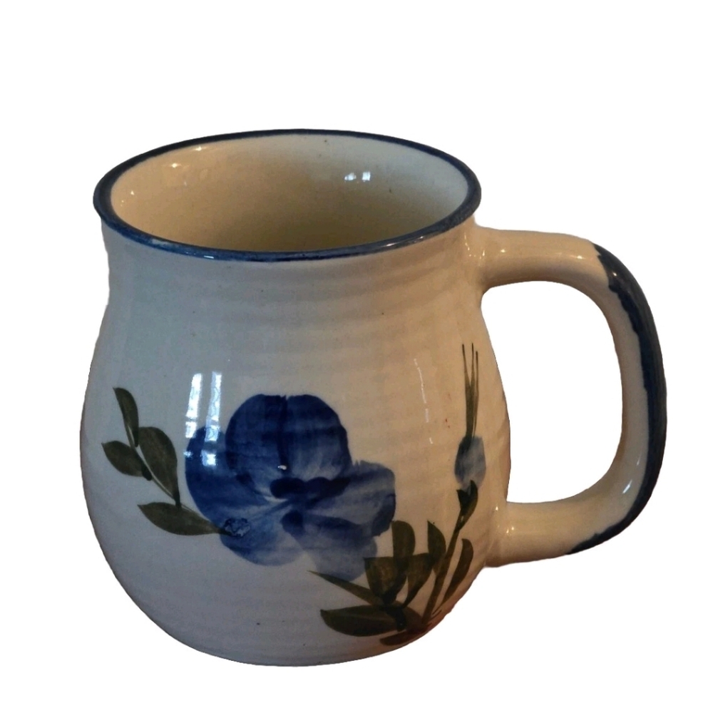 Vintage Mid-century Chi Jiang Stoneware Mug Hand Painted  Blue Floral 8 oz